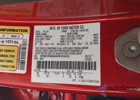 2022 Ford Bronco Sport Big Bend из США, поврежденный, VIN 3FMCR9B66NRD09225